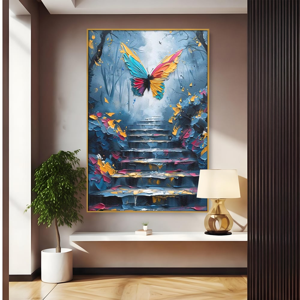 Tablou canvas cu tablou canvas cu fluture multicolor si scari, in rama de aluminiu auriu